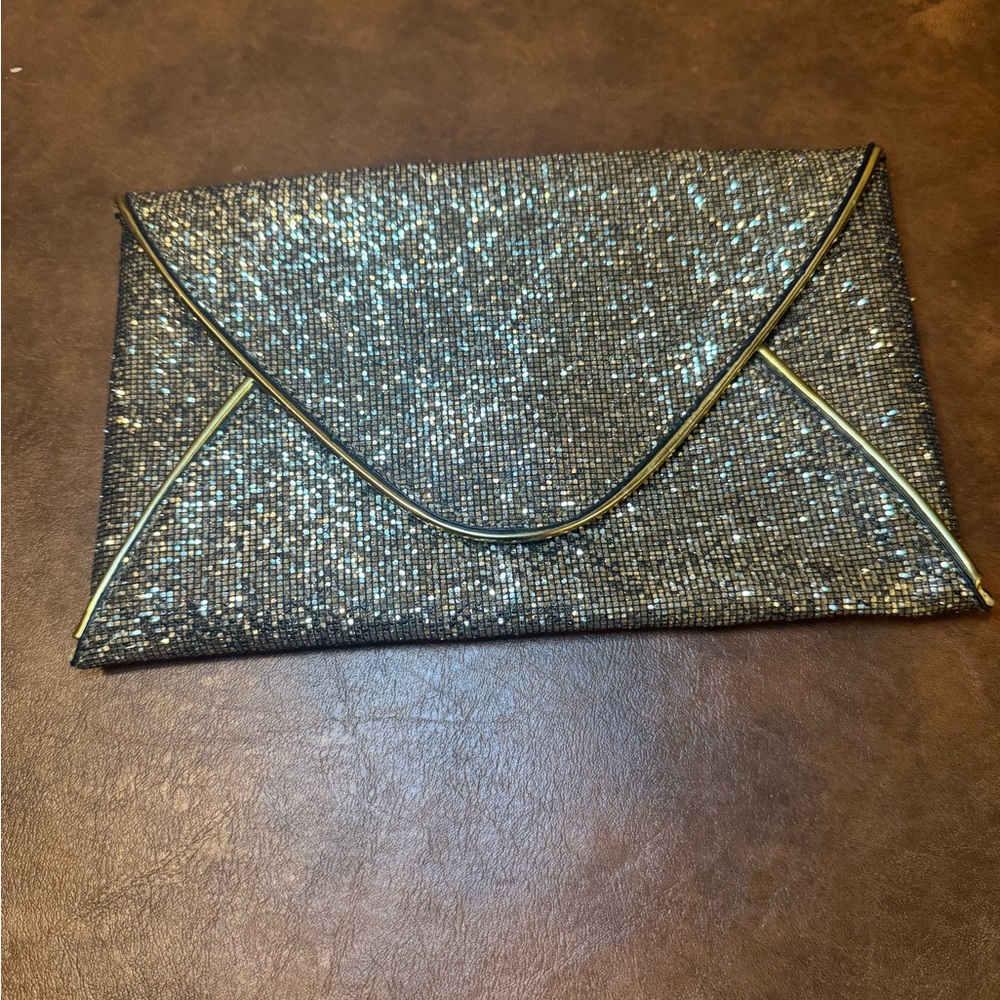 EUC Black and Gold Clutch Bag with gold chain